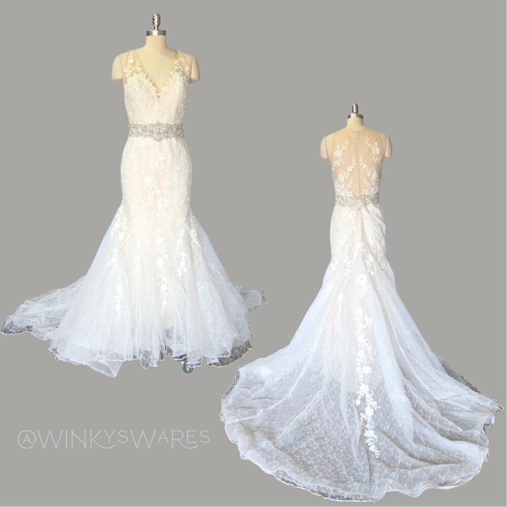 Vintage Wedding Dress Size S Mermaid Lace Embellished V Neck Y2K White Bridal